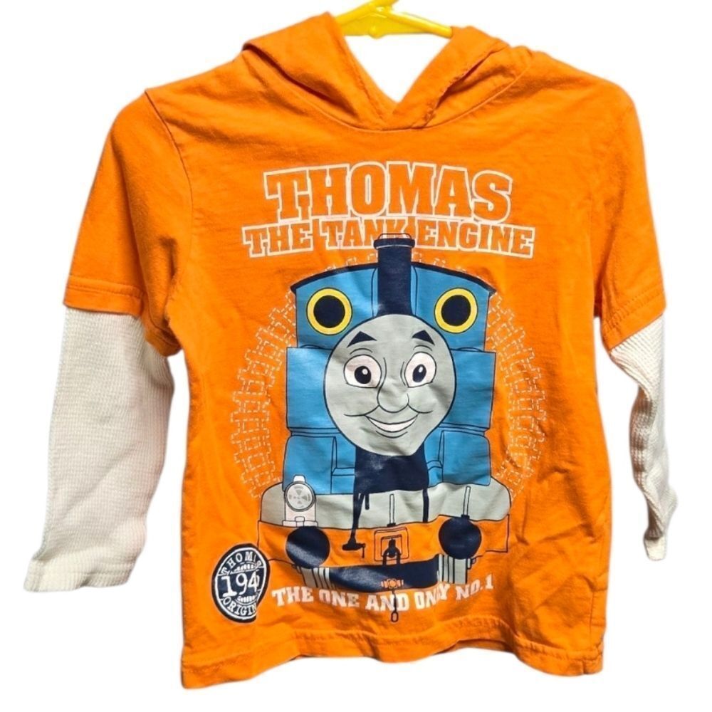 Thomas & Friends Orange Layered-Look Hoodie Tee 3T Waffle Knit Sleeves Cozy Top